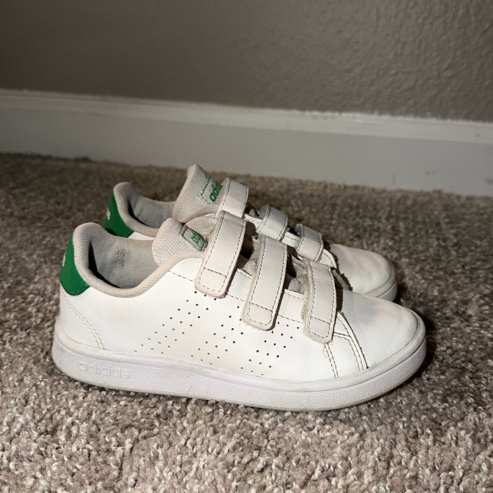 adidas Kids White Sneakers with Green Heel Tab Velcro